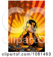 Poster, Art Print Of Female Dj With A Turn Table Under A Palm Tree With Orange Rays