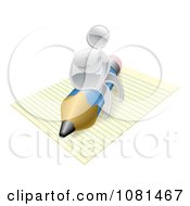 Clipart 3d Silver Man Thinking And Sitting On A Pencil And Notepad Royalty Free Vector Illustration