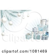 Poster, Art Print Of 3d Christmas Gifts With A Tree Silver Baubles And Rays