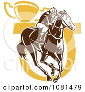 Poster, Art Print Of Brown And Yellow Horse Racing Jockey Horseshoe And Trophy