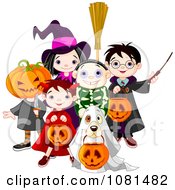Group Of Halloween Trick Or Treating Kids And A Dog