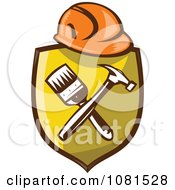 Poster, Art Print Of Retro Hardhat Over A Shield With A Paintbrush And Hammer