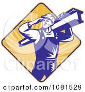 Poster, Art Print Of Retro Construction Worker Carrying A Beam Over A Diamond Of Rays