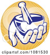 Clipart Retro Hand Holding A Mortar And Pestle Over Orange Rays Royalty Free Vector Illustration by patrimonio