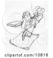 Elementary School Boy Lying On His Stomach And Doing Homework Or Drawing Clipart Illustration