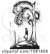 Clipart Black And White Woodcut Person Under A Spiral Tree Royalty Free Vector Illustration by xunantunich