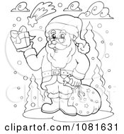 Poster, Art Print Of Outlined Santa Holding Up A Gift In The Snow