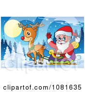 Poster, Art Print Of Santa Waving From His Sleigh In A Winter Landscape