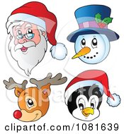 Poster, Art Print Of Christmas Santa Snowman Reindeer And Penguin Faces