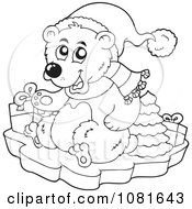 Poster, Art Print Of Outlined Christmas Bear With Gifts And A Tree On Ice