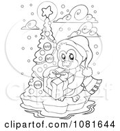 Poster, Art Print Of Outlined Christmas Penguin With A Gift And Tree