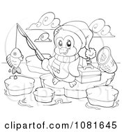 Clipart Outlined Fishing Christmas Penguin Royalty Free Vector Illustration
