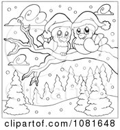 Poster, Art Print Of Outlined Christmas Love Birds On A Branch In The Snow
