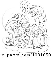 Clipart Outlined Penguins Decorating A Christmas Tree Royalty Free Vector Illustration