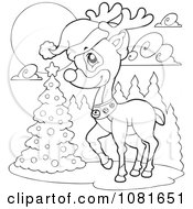 Clipart Outlined Christmas Reindeer By A Tree Royalty Free Vector Illustration