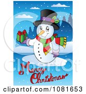 Clipart Merry Christmas Text With A Snowman Holding A Gift Royalty Free Vector Illustration