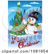 Clipart Merry Christmas Text With A Snowman Decorating A Tree Royalty Free Vector Illustration