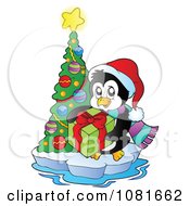 Poster, Art Print Of Christmas Penguin With A Gift And Tree On Ice