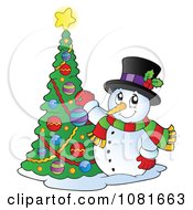 Clipart Christmas Snowman Decorating A Tree Royalty Free Vector Illustration