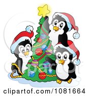Clipart Christmas Penguins Decorating A Tree Royalty Free Vector Illustration