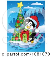 Clipart Penguin With A Gift And Christmas Tree On Ice Royalty Free Vector Illustration