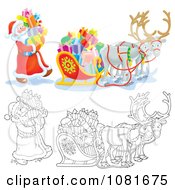 Poster, Art Print Of Colored And Outlined Santas Loading Gifts Into A Sleigh