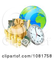 Poster, Art Print Of 3d Globe With Money And A Clock