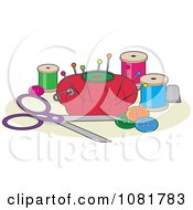 Poster, Art Print Of Red Pin Cushion With Sewing Scissors Thread Buttons And A Thimble