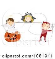 Poster, Art Print Of Group Of Halloween Kids With A Blank Sign