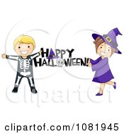 Poster, Art Print Of Skeleton And Witch Kids Holding A Happy Halloween Greeting