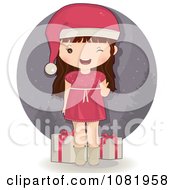Clipart Winking Brunette Christmas Girl In A Pink Dress Royalty Free Vector Illustration