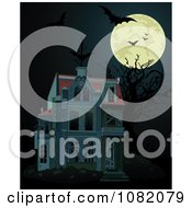 Poster, Art Print Of Full Moon With Bats And A Dark Halloween Haunted House