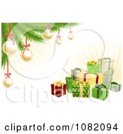 Poster, Art Print Of 3d Christmas Gifts With A Tree Gold Baubles And Rays