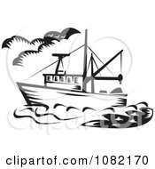 Clipart Retro Black And White Fishing Boat Royalty Free Vector Illustration