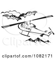Retro Black And White Helicopter Above Mountains