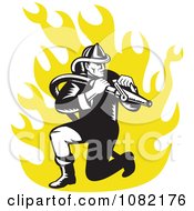 Poster, Art Print Of Retro Fireman With A Hose Over Yellow Flames