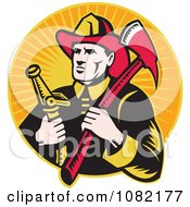Poster, Art Print Of Retro Fireman With An Axe And Hose Over Orange Rays