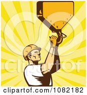 Poster, Art Print Of Retro Construction Worker Grabbing A Hook Over Rays