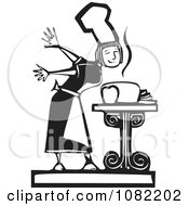 Clipart Black And White Woodcut Styled Girl Smelling Fresh Bread Royalty Free Vector Illustration