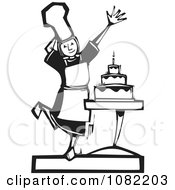 Poster, Art Print Of Black And White Woodcut Styled Girl Presenting A Cake