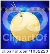 Poster, Art Print Of 3d Round Golden Christmas Label With Snowflake Ribbons On Blue