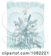 Poster, Art Print Of 3d Blue Christmas Tree With White Ornaments On Blue Rays With Grunge