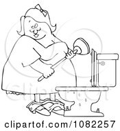 Poster, Art Print Of Outlined Woman With A Plunger Over A Clogged Toilet