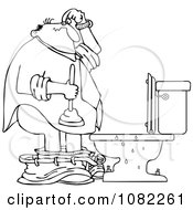 Clipart Outlined Man With A Plunger Over A Clogged Toilet Royalty Free Vector Illustration