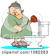 Clipart Woman With A Plunger Over A Clogged Toilet Royalty Free Vector Illustration
