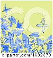 Poster, Art Print Of Floral Background With Blue Flowers And Butterflies On Green