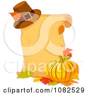 Pilgrim Hat Fall Leaves And Pumpkin By A Thanksgiving Scroll