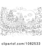 Poster, Art Print Of Outlined Santa With An Owl Dog And Sled In The Woods