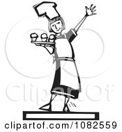 Clipart Black And White Woodcut Styled Baker Girl Serving Cupcakes Royalty Free Vector Illustration