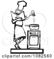 Clipart Black And White Woodcut Styled Baker Girl Seasoning Food Royalty Free Vector Illustration
